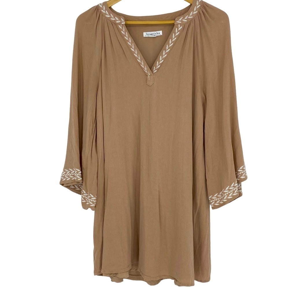 Loveriche camel brown southwest boho v-neck bell sleeve tunic dress wms medium